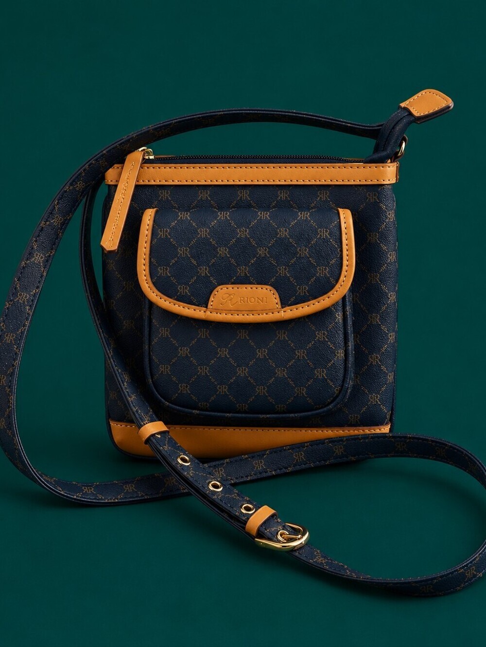 RIONI Navy Blue Logo Leather Crossbody Bag